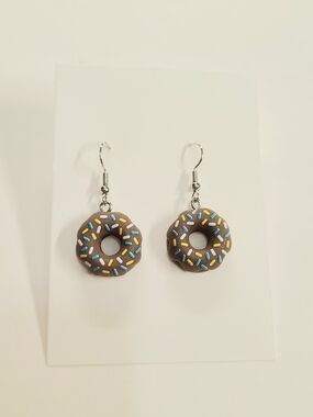 Brown Donut Dangle Earrings with Blue & Yellow Sprinkles - Women Jewelry
